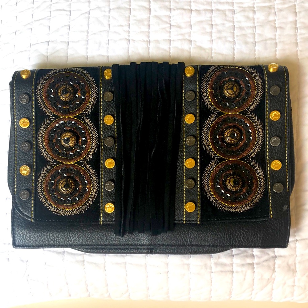 Christian Audigier Black Leather Clutch New